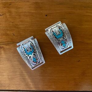 Vintage Native American Signed Thunderbird Turquoise Coral Mosaic Watch Tips